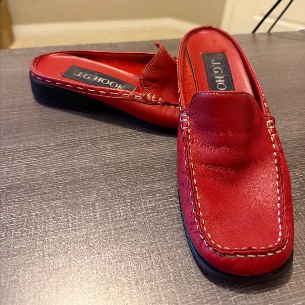 J.G. Hook Red Leather Mule Loafers with Contrast Stitching Size 36